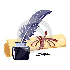Ink with feather and roll of parchment. Poetry symbol. Vector illustration of an inkwell with an ancient scroll of paper
