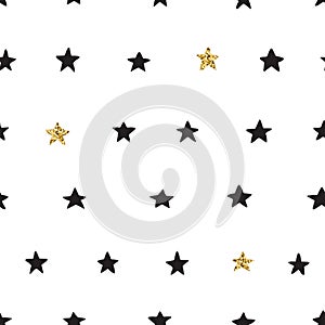 Ink and gold hand drawn doodle vector seamless star pattern.