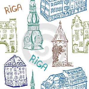 Vector elements seamless pattern of Riga old town in color photo
