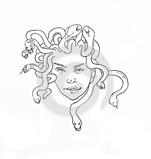 Ink hand drawn sketch of young Medusa Gorgona head male or female, with angry snakes on her or his hair photo