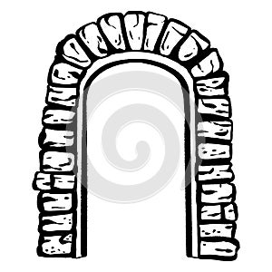 Ink hand-drawn vector. Elegant flowerless wedding arch. Antique stone arch made of bricks. Entrance a shop or restaurant