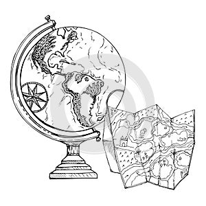 Ink hand drawn vector graphic outline sketch. Navigation orientation unfolded map and old vintage globe, Americas view