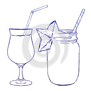 Ink hand drawn vector line glasses for cocktail drinks party