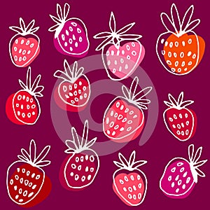 Ink hand drawn vector pattern with strawberry.