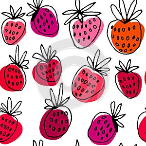 Ink hand drawn vector pattern with strawberry.