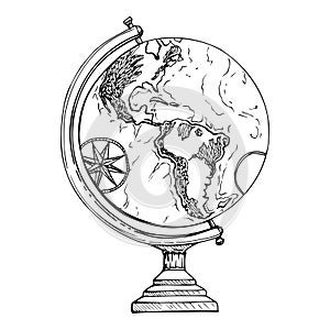 Ink hand drawn vector sketch of isolated object. Old vintage globe with world map for navigation, orientation. Americas