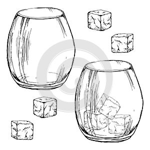 Ink hand drawn vector sketch of isolated object. Scotch whisky whiskey empty glass with rocks. Scottish symbol drink