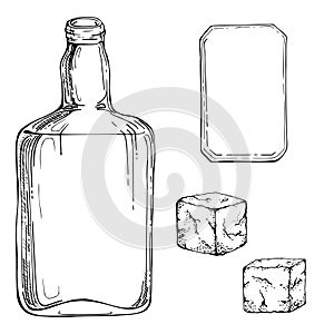 Ink hand drawn vector sketch of isolated object. Scotch whisky whiskey glass square bottle with label and rocks