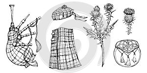 Ink hand drawn vector sketch of isolated objects. Scotland symbols menswear, tartan kilt, beret, bagpipes, sporran pouch
