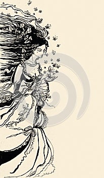 Ink Illustration of a female allegory of summer photo