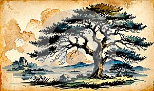 Ink illustration on a parchment of an ancient tree