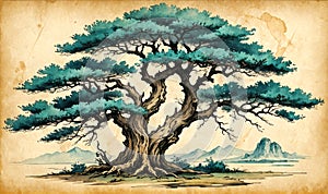 Ink illustration on a parchment of an ancient tree