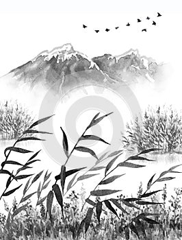 Ink Landscape with Mountains and Reeds