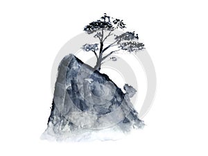 Ink landscape tree chinese mountain fog . Traditional oriental. asia art style.isolated on a white background