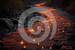 Ink Lava River Pathway: Glacial, Fireflies Twinkle, Tilt-Shift, generative ai
