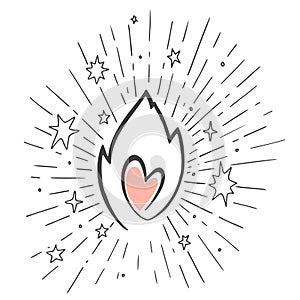 Ink lined ielement in trendy mono line style - linear illustrations - heart, fire, stars and rays in retro styles.