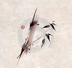 Ink painting with bamboo tree in simple minimalist style on vintage background Traditional oriental ink painting sumi-e