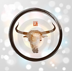 Ink painting of bull, chinese new year symbol of 2021 in enso zen circle on white glowing background. Translation of