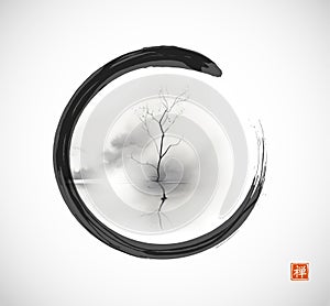 Ink painting of landscape with tree on misty island in black enso zen circle. Traditional oriental ink painting sumi-e