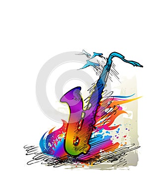 Ink painting, music background with saxophone and flying birds