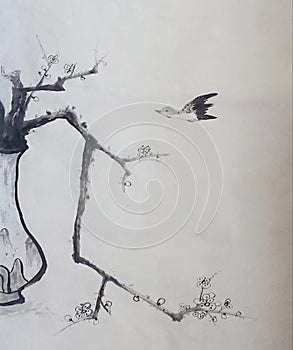 Ink painting of plum blossoms in a vase