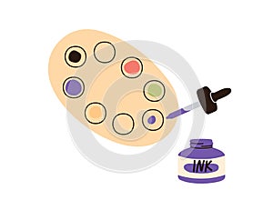 Ink paints, tints palette, bottle with picker, eyedropper for calligraphy. Tools, art supplies for blending colours