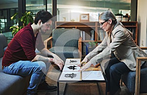 An ink pattern that determines your thought pattern. a mature psychologist conducting an inkblot test with her patient