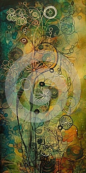 Ink Pen Contrasting Gradient OmbrÃÂ© Acrylic Paint and Gold Filligree AI Generative photo