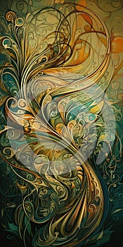 Ink Pen Contrasting Gradient OmbrÃÂ© Acrylic Paint and Gold Filligree AI Generative photo