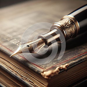 ink pen on a notebook from the 1900s, in the foreground. You can see the texture of the paper, the ink stains