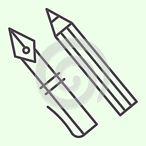 Ink pen thin line icon. Office supplies with fountain pen and pencil outline style pictogram on white background