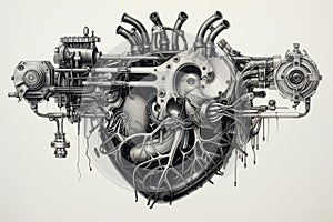 Ink or pencil drawing of mechanical steam punk style human heart. Generative AI