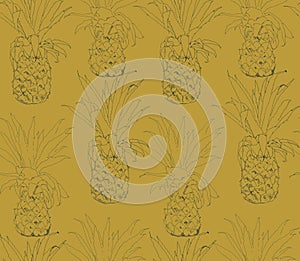 Ink pineapple outline sketches, seamless pattern
