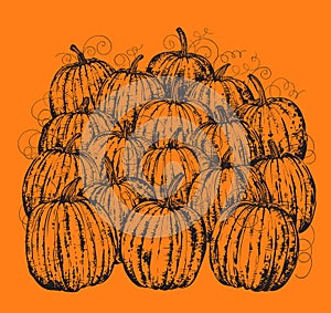 Ink pumpkins on orange background