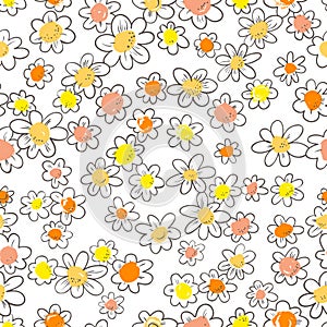Ink seamless pattern with flowers in sketchy style. Artistic ba