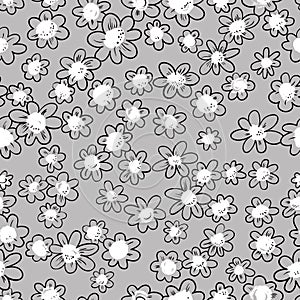 Ink seamless pattern with flowers in sketchy style. Artistic ba