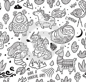 Ink seamless pattern with Yeti, unicorn, dragon, mermaid, llama and sloth in cartoon style. Vector illustration