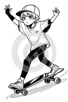 Ink Sketch Fun: Boy Skateboarding in Coloring Book Style Generated by AI