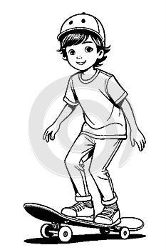Ink Sketch Fun: Boy Skateboarding in Coloring Book Style Generated by AI