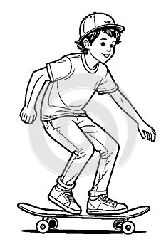 Ink Sketch Fun: Boy Skateboarding in Coloring Book Style Generated by AI