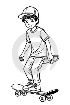 Ink Sketch Fun: Boy Skateboarding in Coloring Book Style Generated by AI