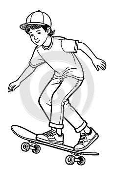 Ink Sketch Fun: Boy Skateboarding in Coloring Book Style Generated by AI