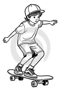 Ink Sketch Fun: Boy Skateboarding in Coloring Book Style Generated by AI