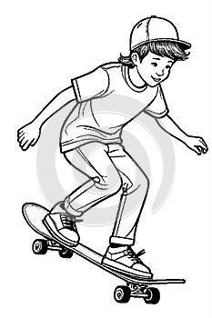 Ink Sketch Fun: Boy Skateboarding in Coloring Book Style Generated by AI