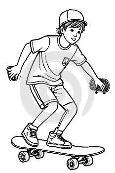 Ink Sketch Fun: Boy Skateboarding in Coloring Book Style Generated by AI