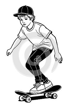 Ink Sketch Fun: Boy Skateboarding in Coloring Book Style Generated by AI