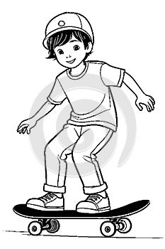 Ink Sketch Fun: Boy Skateboarding in Coloring Book Style Generated by AI