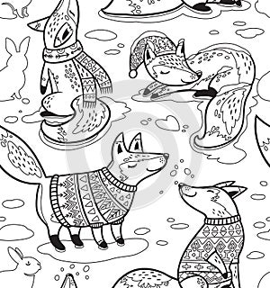 Ink snowy seamless pattern with cartoon foxes in cozy sweaters.