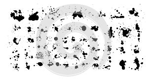 Ink splashes. Black inked splatter dirt stain splattered spray splash with drops blots isolated. Ink splashes stencil