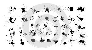 Ink splashes. Black inked splatter dirt stain splattered spray splash with drops blots isolated. Ink splashes stencil